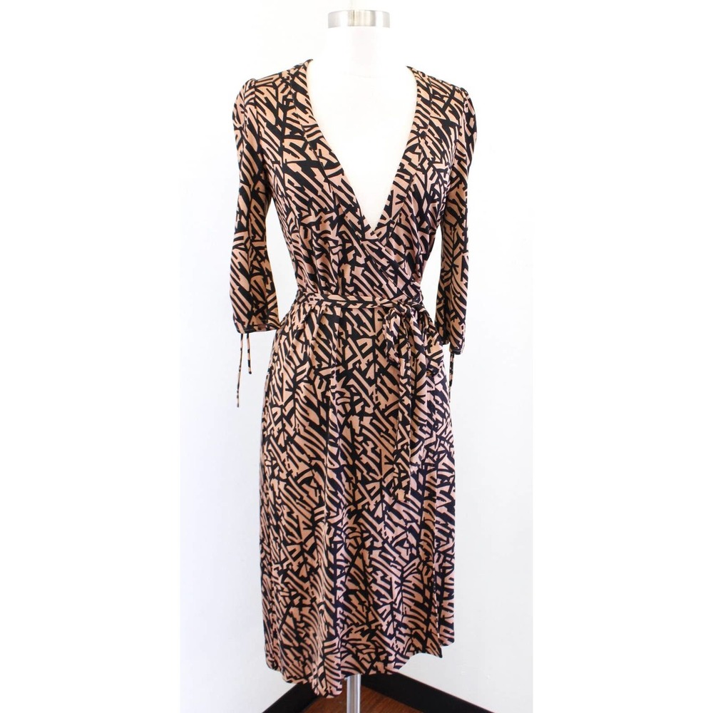 Diane Von Furstenberg Tiger Lily Brown Black Printed Silk Wrap Dress Size 4